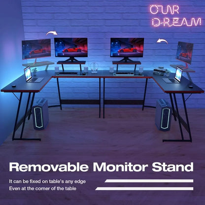 L Shaped Gaming Desk Computer Corner Desk PC Gaming Desk Table with Large Monitor Riser Stand for Home Office