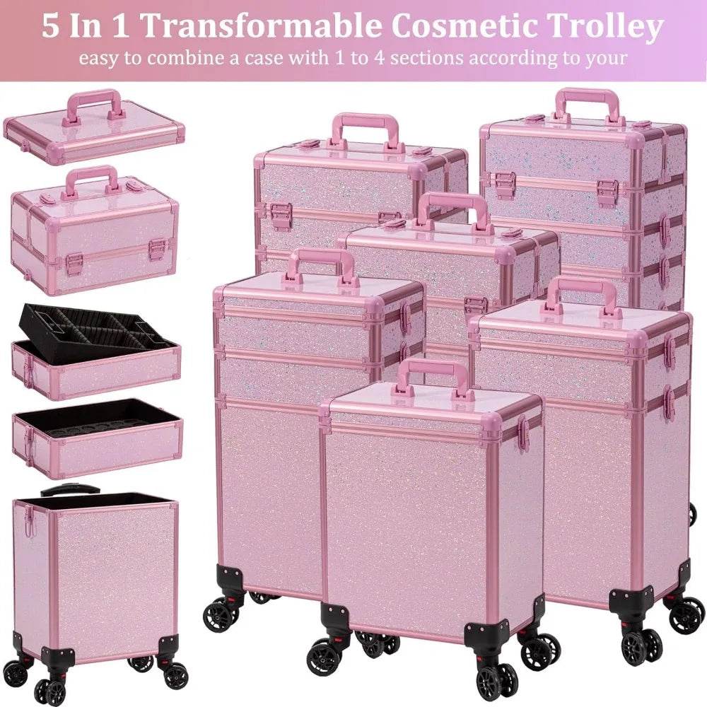 Rolling Makeup Train Case Large Storage Cosmetic Trolley 5 in 1 Large Capacity Trolley Makeup Travel Case with Key Swivel Wheels - MarvelouStoree