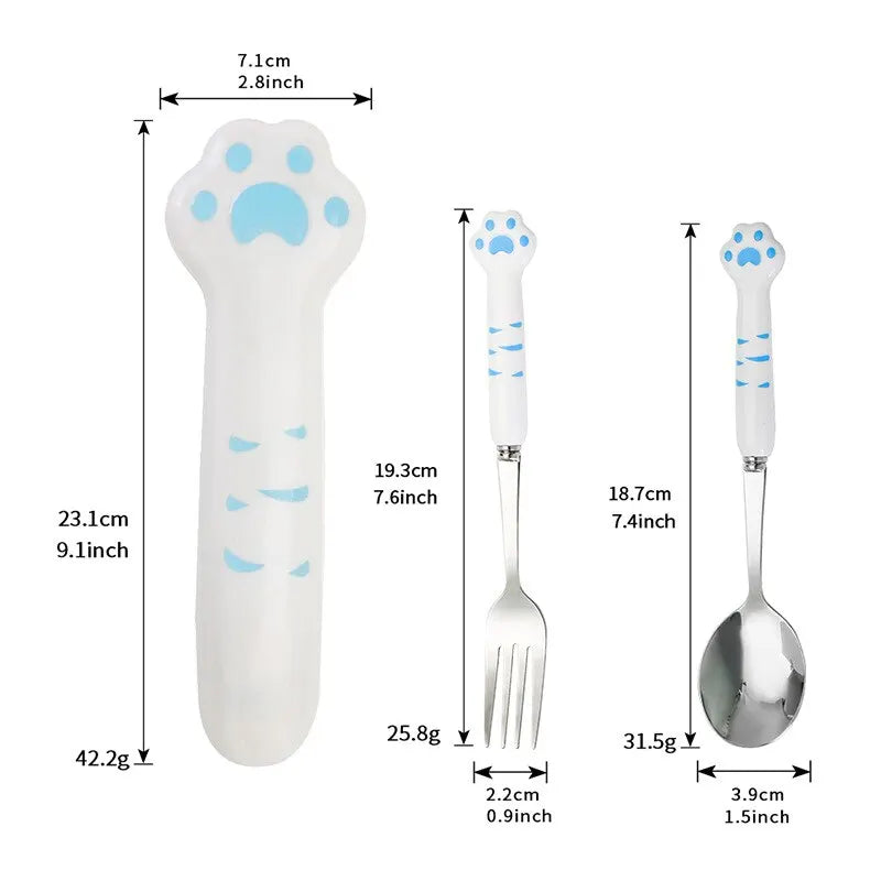 Stainless Steel Spoon and Fork Set with Storage Box Portable Tableware Cute Cat Paw Shaped Dinnerware Kit for Adults Kids School