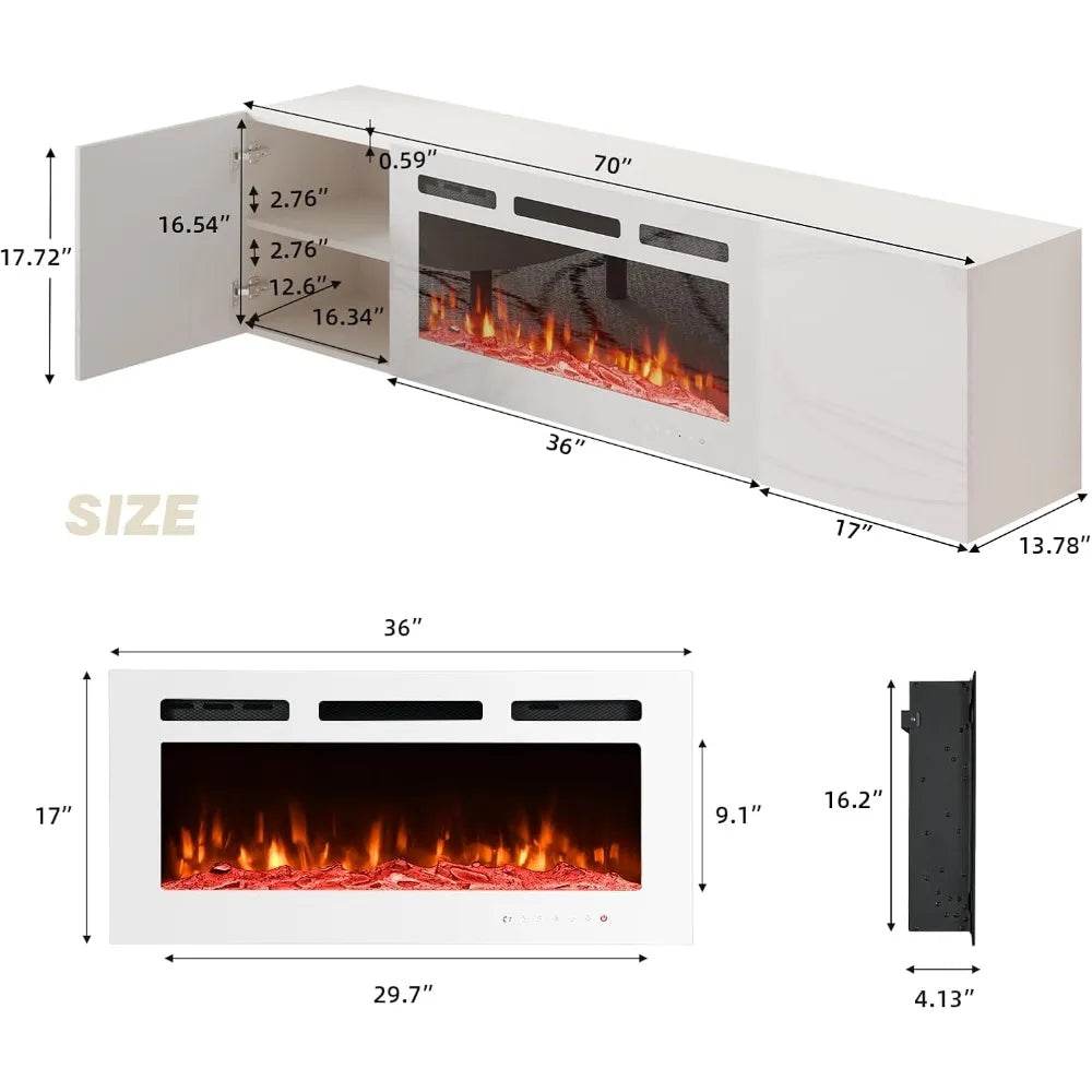 Floating TV Stand with 36'' Electric Fireplace, High Gloss Finish Entertainment Center with 12 Flame Fireplace Insert Heater - MarvelouStoree