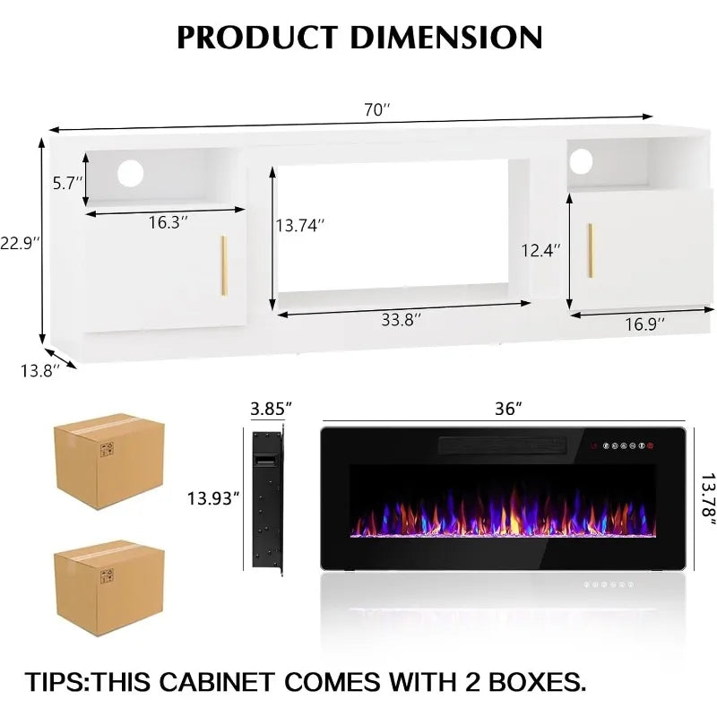 Fireplace tv Stand with 36 inch Fireplace Up to 80" TVs,LED Light Entertainment Center and Storage, 70" Modern Wood Media TV