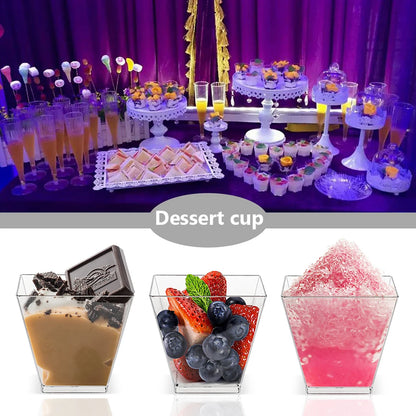 50/100pcs 60ML Disposable Plastic Dessert Cups Reusable Clear Ladder Shaped Cup Appetizers Cake Ice Cream Cup for Party Wedding