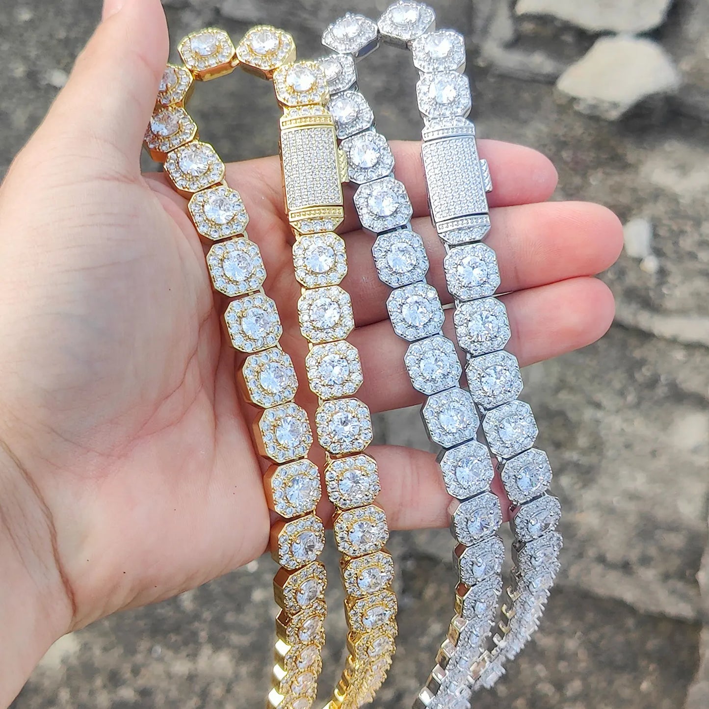 10-12MM Cluster Tennis Chain Necklace Silver Color Iced Prong-Setting 5A Cubic Zirconia Stones Hip Hop Choker Necklace Men Women