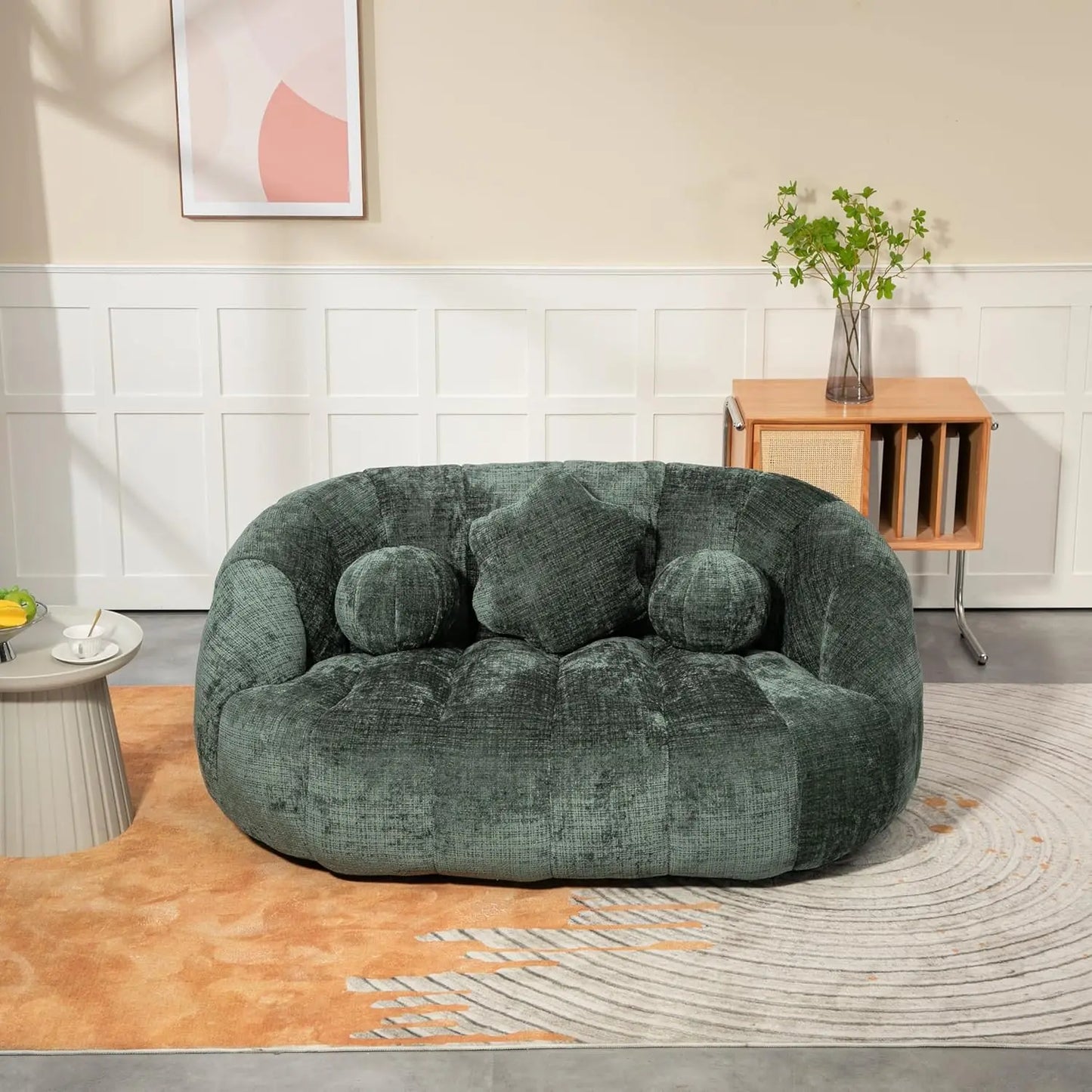 Bean Bag Sofa, Comfy Loveseat Couch for Adults, Small Lazy Sofa with 3 Pillows & High Backrest, Fluffy Cozy Bean Bag Chair Couch