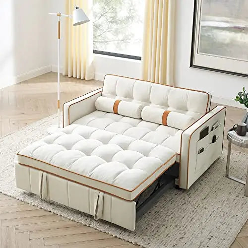 3 in 1 Sleeper Sofa Couch Bed Small Tufted Velvet Convertible Loveseat Futon Sofa w/Pullout Bed Adjustable Backrest Cylinder