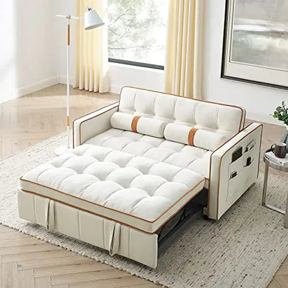 3 in 1 Sleeper Sofa Couch Bed Small Tufted Velvet Convertible Loveseat Futon Sofa w/Pullout Bed Adjustable Backrest Cylinder