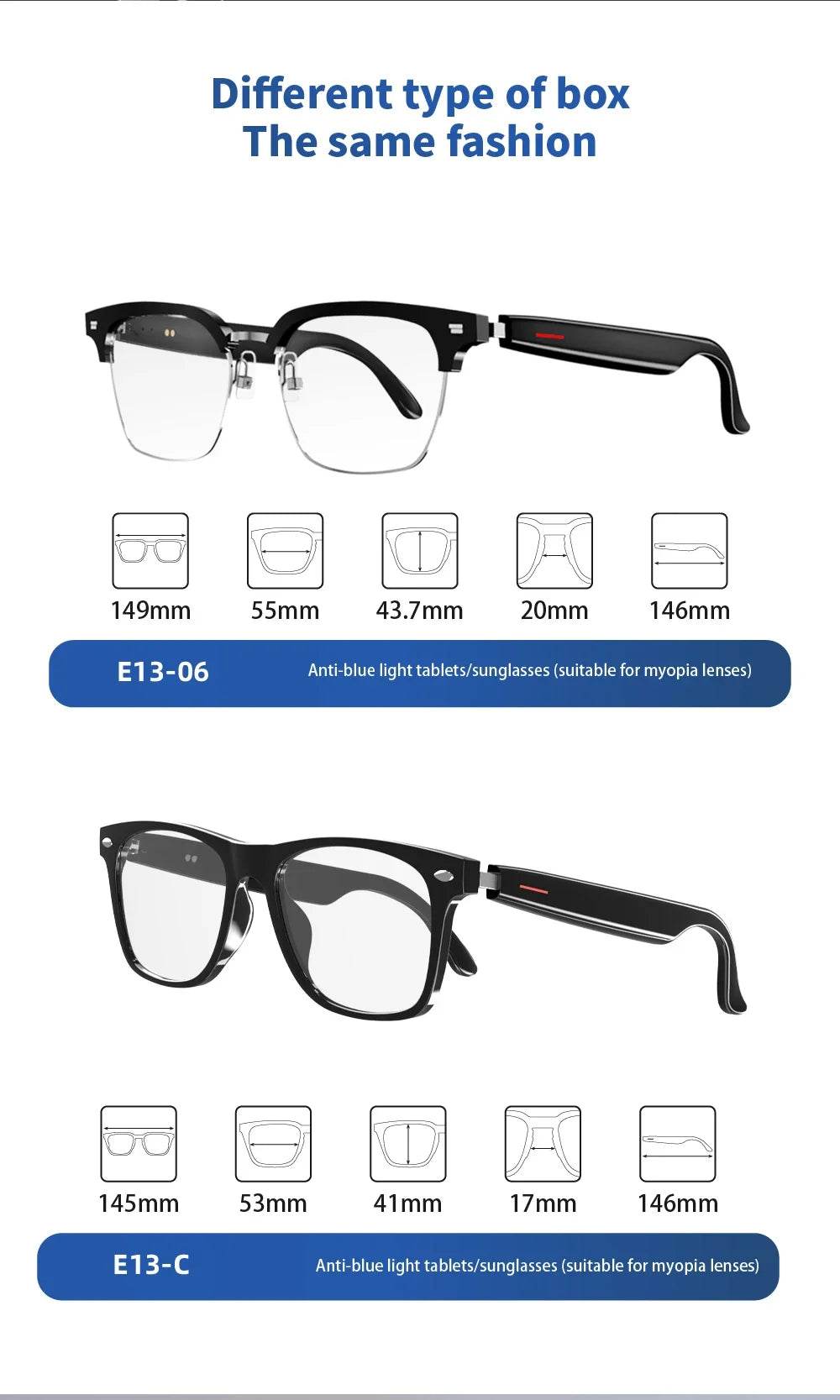 Modern Black technology E13 Bluetooth Smart Glasses Wireless Bluetooth Headset Anti Blue Light Sunglasses Man Woman Sunglasses - MarvelouStoree