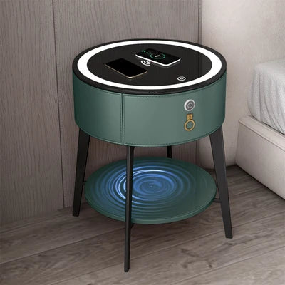 Round Tiny Table Bedside Table Voice-activated Smart Multifunction Lock Wireless Coffee Charging Nightstands Bedroom Cabinets