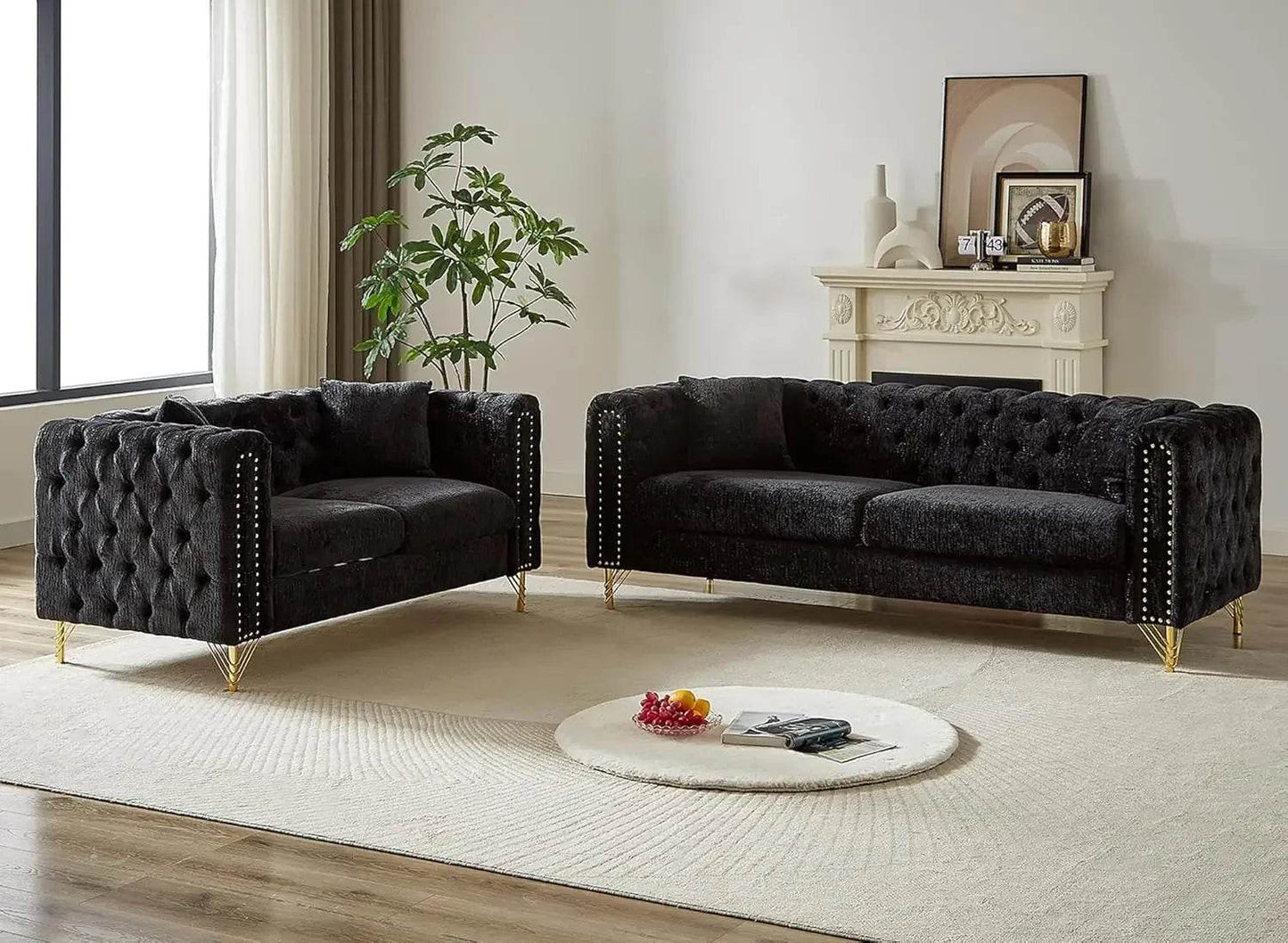 2 Pieces Chenille Living Room Furniture Sofa Couch Set,Button Tufted Comfy Couch with Nailhead Trim&Metal Legs - MarvelouStoree