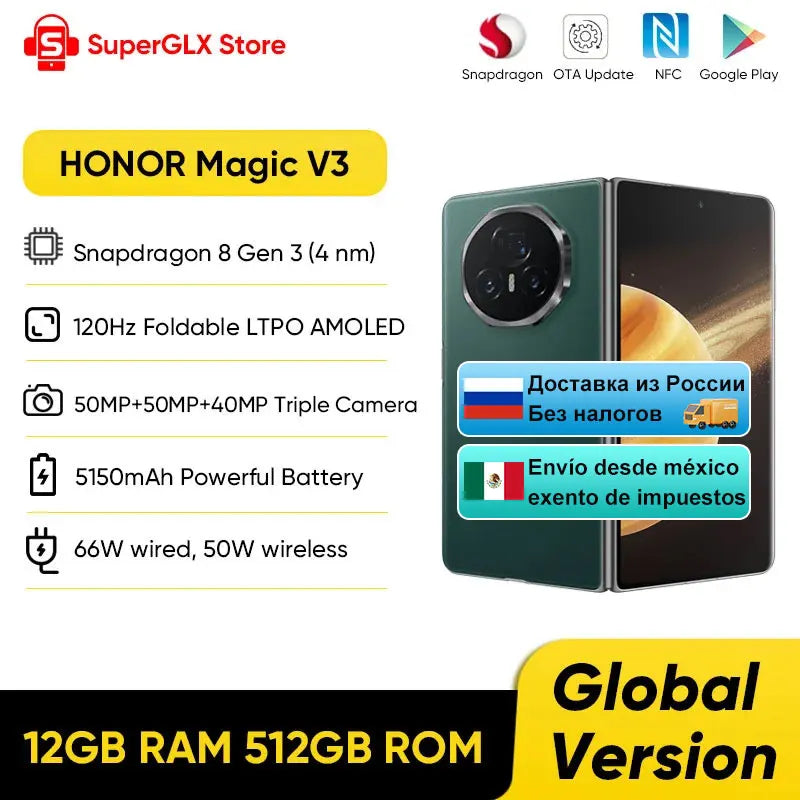 2024 New Honor Magic V3 Global Version 5G Foldable LTPO AMOLED 120Hz Display 7.92" 50MP Cameras Snapdragon 8 Gen 3 5150mAh 66W