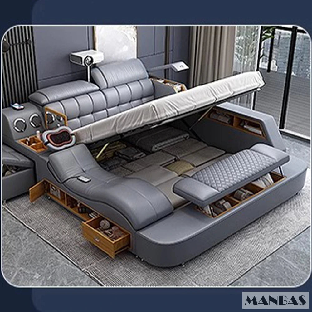 Linlamlim Luxury King Size Genuine Leather Bed / Tech Smart Bed / Multifunctional Ultimate Beds / Massage Bed with USB,Projecter