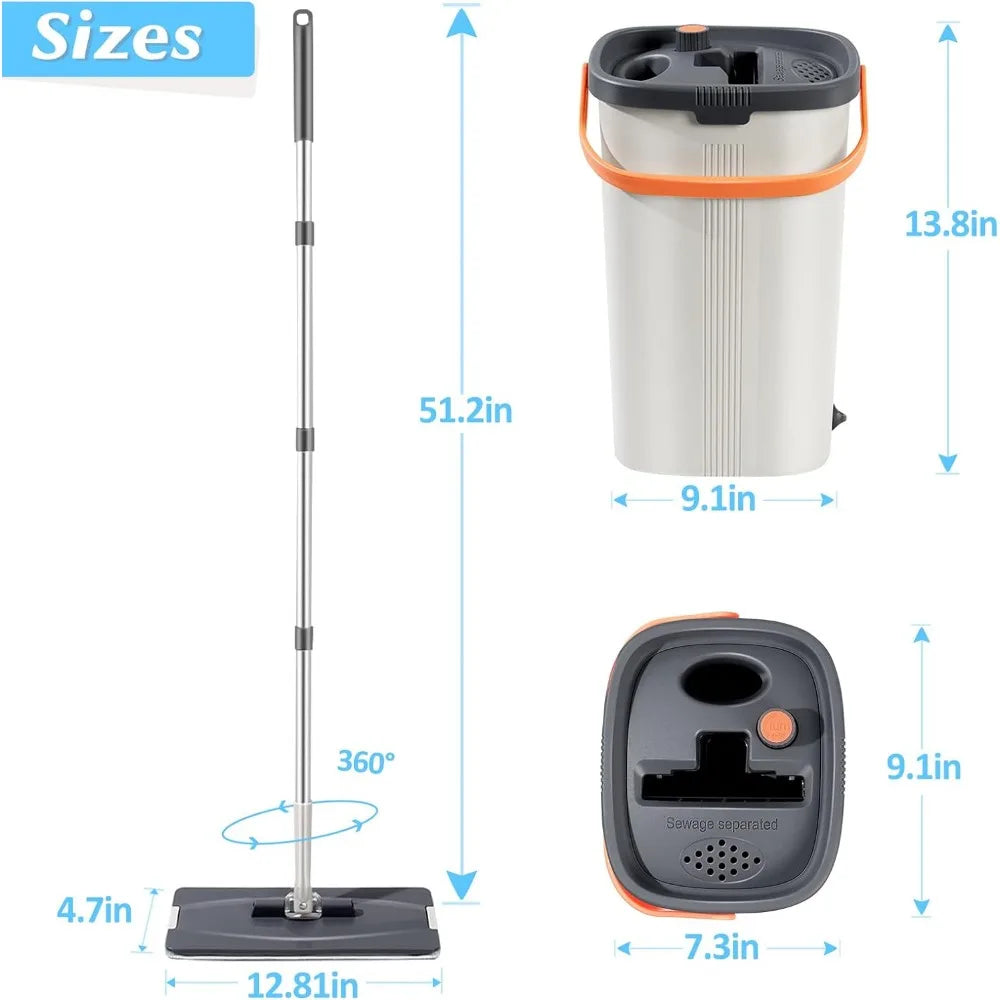 Flat Mop and Bucket with Wringer Set, 3-Chamber Design Separates Dirty and Clean Water, Wet and Dry Use