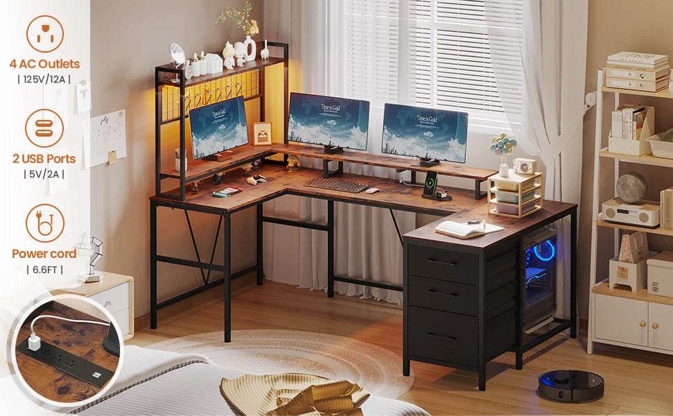 Gaming Desk with Hutch, 98.4in Reversible L Shaped Computer Desk with Power Outlets, Home Office Desk LED Light, Monito - MarvelouStoree