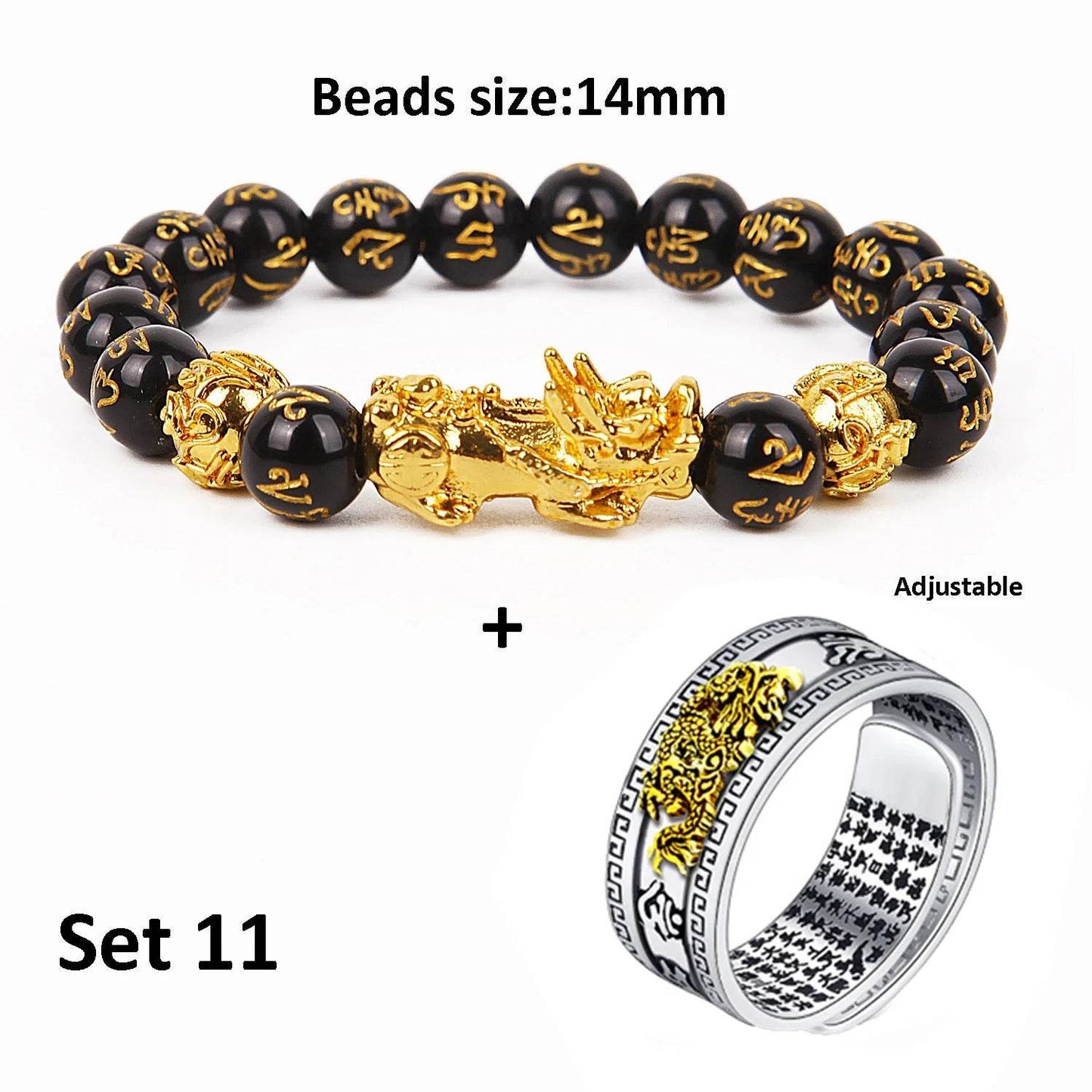 Unisex Men Pixiu Charms Ring Bracelet Chinese Feng Shui Amulet Wealth and Lucky Open Adjustable Ring Bead Bracelet - MarvelouStoree