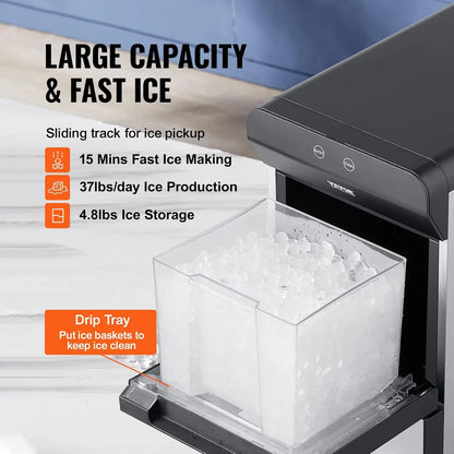 Countertop Nugget Ice Maker, 37lbs in 24Hrs, 2 Way Water Refill Self Cleaning Nugget Ice Maker with Scoop and Basket for Home