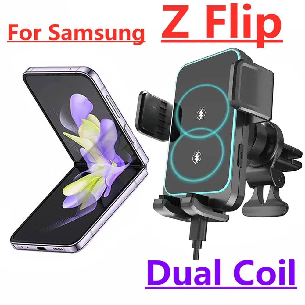 15W Dual Coil Wireless Car Charger for Samsung Galaxy Z Flip 4 3 S22 S21 iPhone Auto Clamp Fast Car Charging Phone Mount Holder - MarvelouStoree