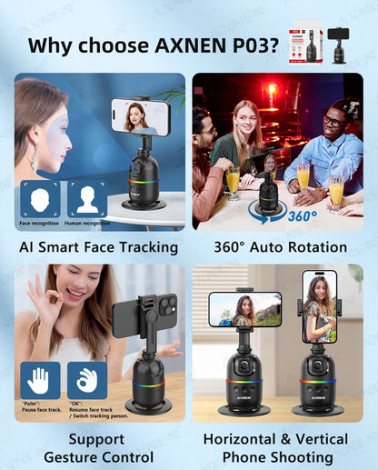 AXNEN AI P03 Smart Gimbal 360 Auto Face Tracking All-in-one Rotation for Smartphone / Cameras / Action Cam Video Vlog Recording