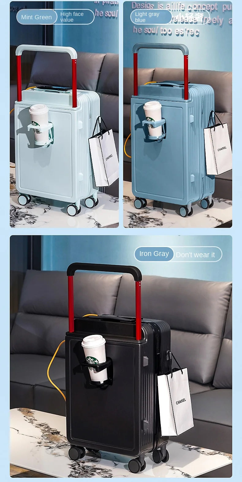 New Design Wide Handle Travel Suitcase Carry-On Luggage Trolley Case With Cup Holder USB Charging 20 Inch Cabin Rolling luggage