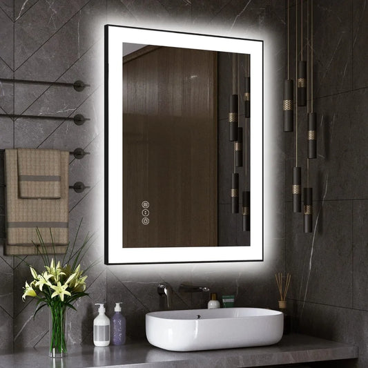 LED Bathroom Mirror, 32"x24" Black Aluminum Vanity , Stepless Dimmable Lighted Mirror  Anti-Fog, 3 Colors Wall Smart Mirror