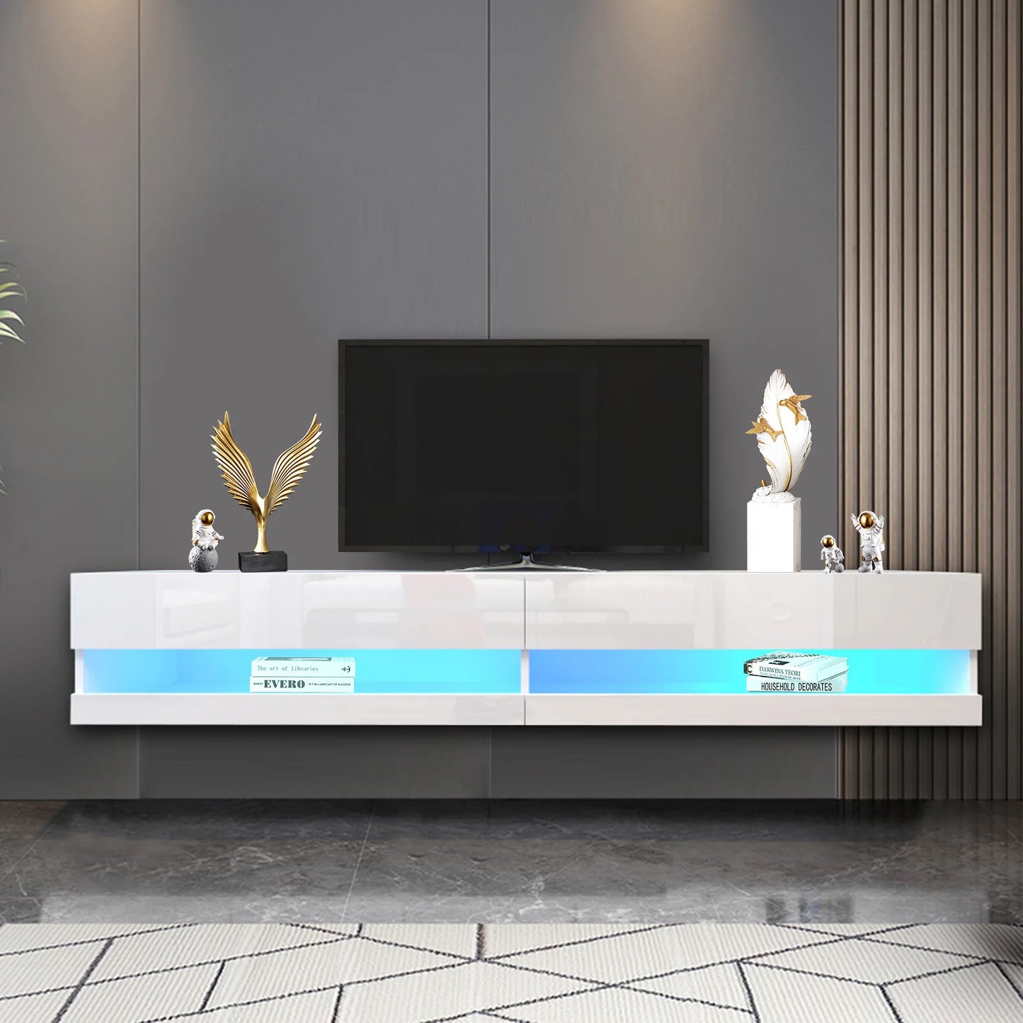 71" Floating TV Stand for 75/80" TV, Wall Mounted LED TV Stand w/Power Outlets, Modern High Gloss Media Console, White/Black