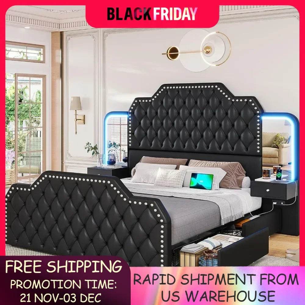 Queen Size 53” Tall Platform Bed Frame With 4 Storage Drawers Built in Charging Station & LED Bedroom Black Headboards Under Bed - MarvelouStoree