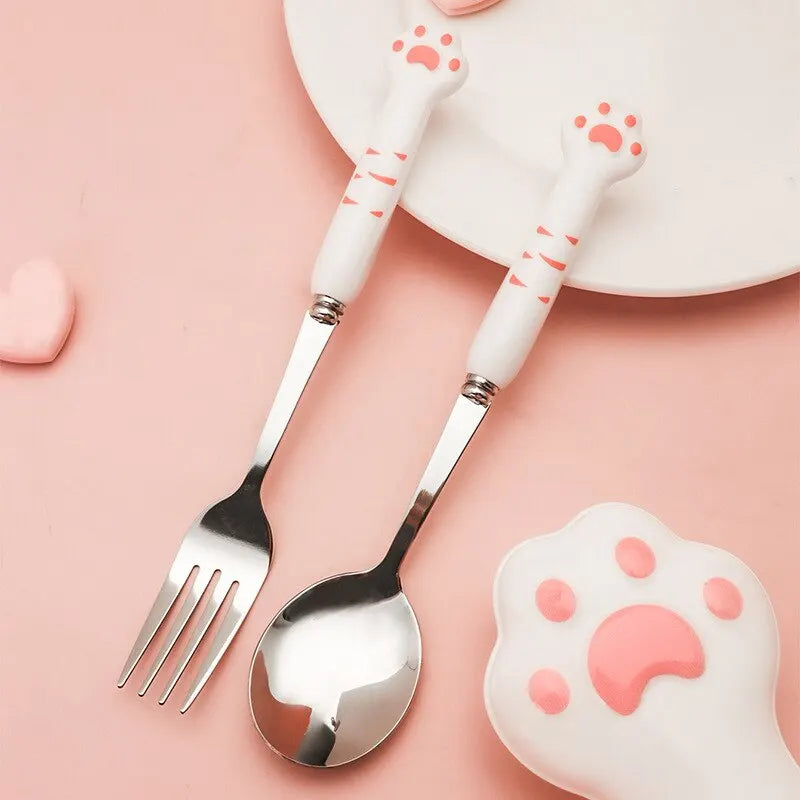 Stainless Steel Spoon and Fork Set with Storage Box Portable Tableware Cute Cat Paw Shaped Dinnerware Kit for Adults Kids School