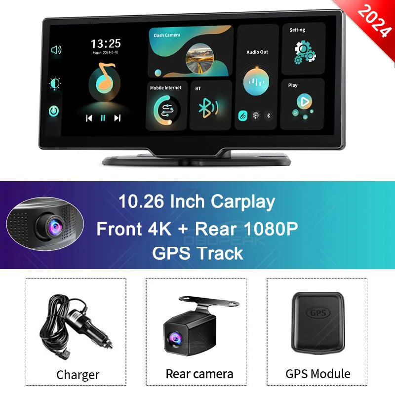 OBDPEAK k2 2.0 Dash Cam 10.26" 4K Car Dvr Camera Carplay & Android Auto GPS Navigation Rearview Mirror Dashboard Video Recorder