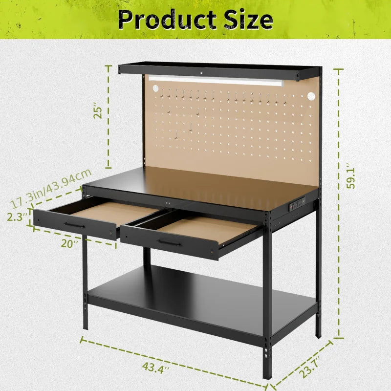 Heavy-Duty Steel Workbench with Wood Top, Sturdy Construction, Spacious Storage, Built-in LED Lighting