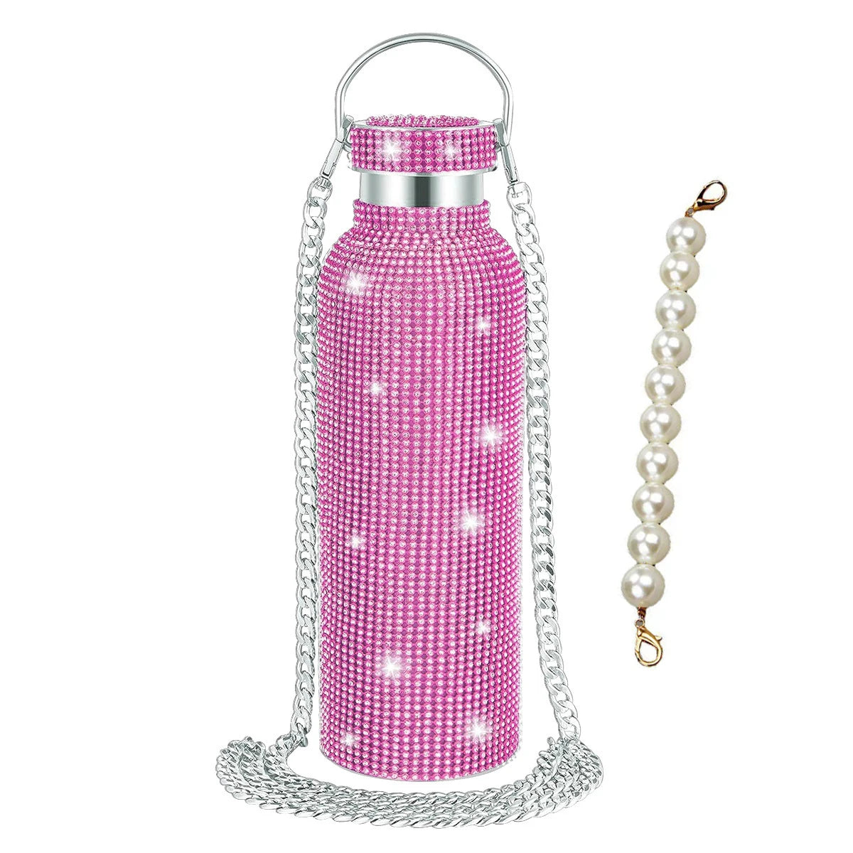 500/750/1000ml Diamond Thermos Bottle With 2pcs Chain Portable Rhinestone Water Bottle Double Wall Stainless Steel Thermal Flask