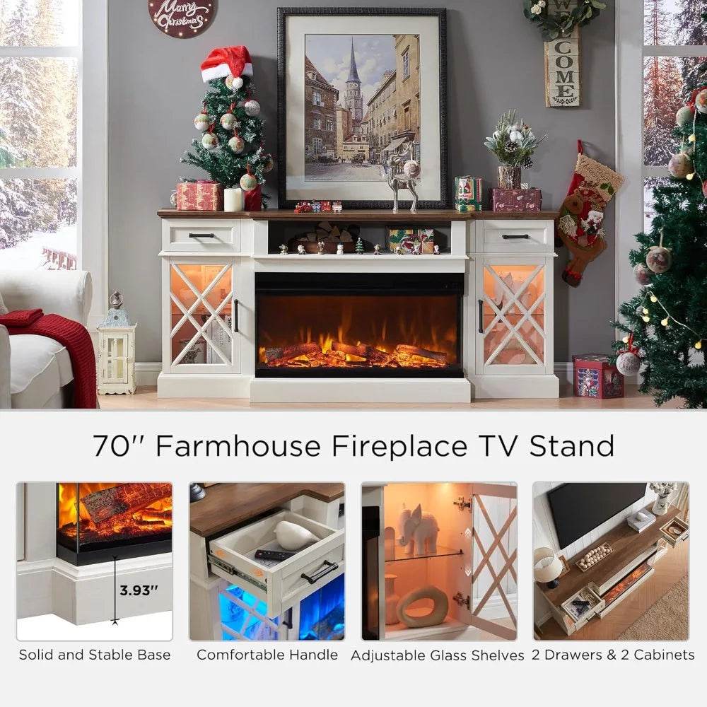 3-Sided Electric Fireplace TV Stand TVs up to 80'', Entertainment Center Glass Door Storage Cabinet, 70'' Large Stands 36'' - MarvelouStoree