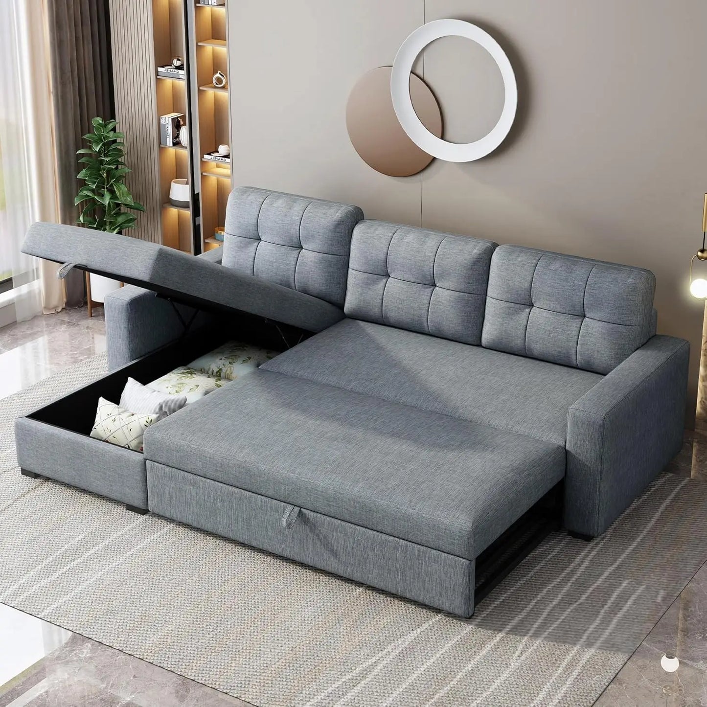 81.5" Sectional Sleeper Sofa with Storage Chaise, L Shaped Pull Out Couch Bed with 3 Removable Back Cushion for Living Room,Apar