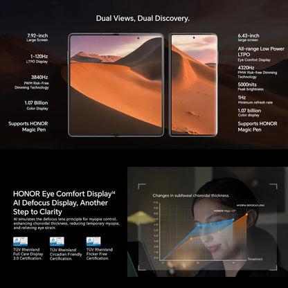 Global Version Honor Magic V3 5G Foldable LTPO OLED 120Hz Display 7.92" 50MP Rear Cameras Snapdragon 8 Gen 3 5150mAh 66W NFC