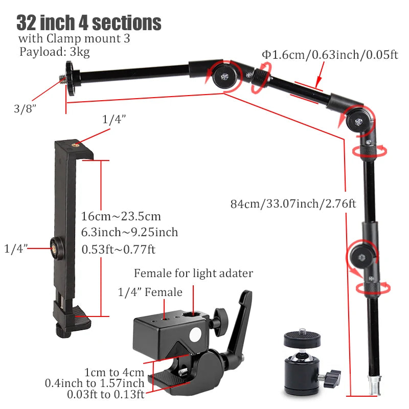 BFOLLOW Articulated Magic Arm 25" 32" Clamp Mount for DSLR Camera Camcorder Overhead Video Shooting Webcam Tablet Phone Bracket