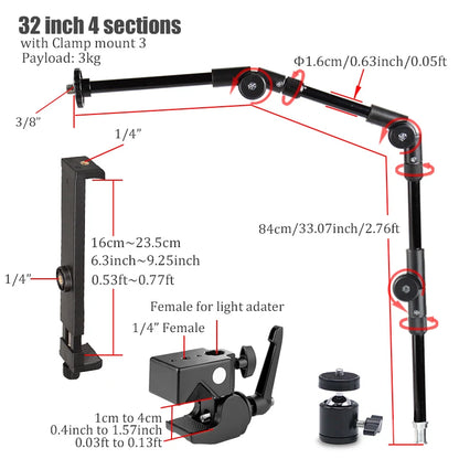 BFOLLOW Articulated Magic Arm 25" 32" Clamp Mount for DSLR Camera Camcorder Overhead Video Shooting Webcam Tablet Phone Bracket