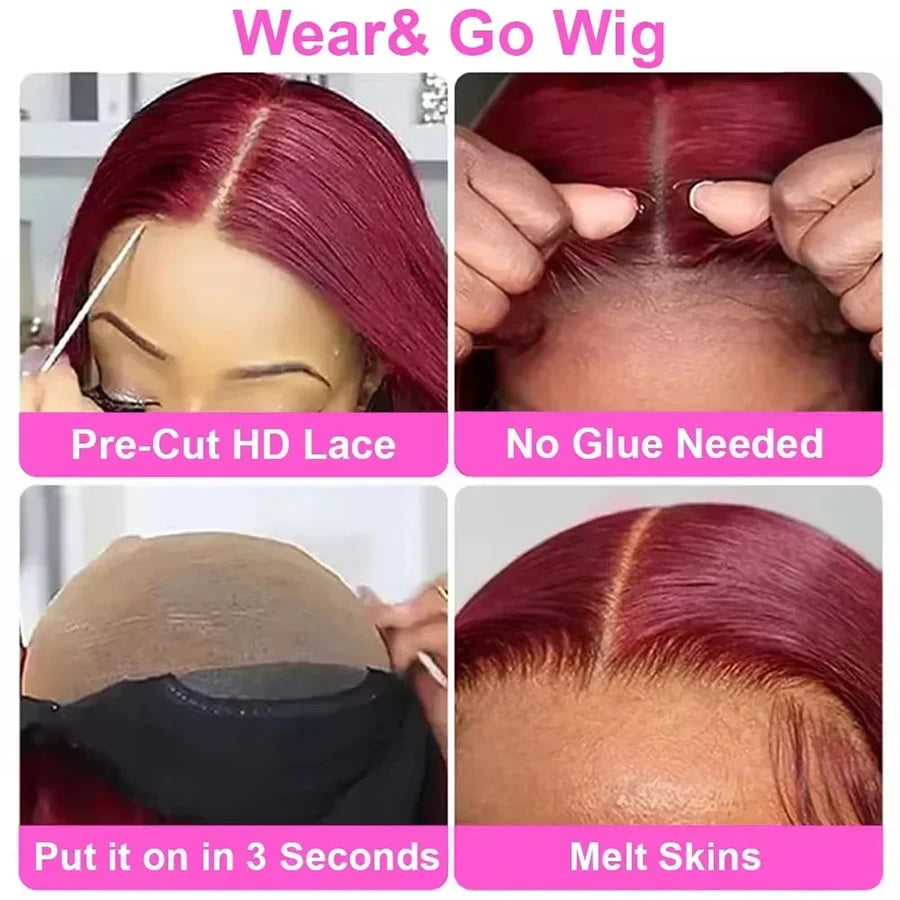 99J Burgundy Straight Bob Wigs Wear and Go Glueless Wigs 13x4 Lace Front Human Hair Wigs Pre Cut No Glue For Women Red Colored