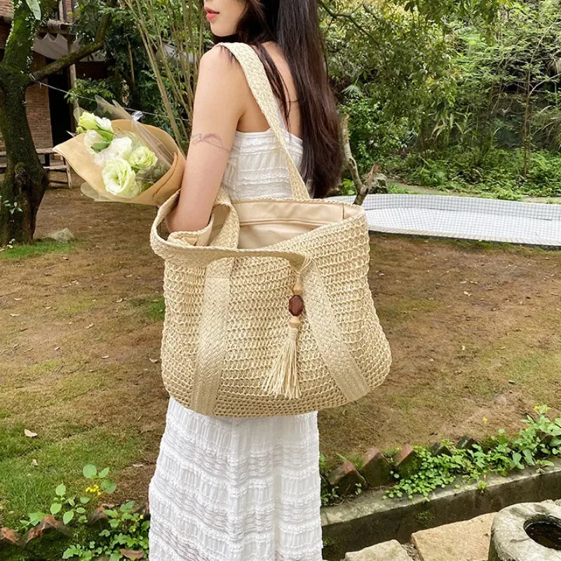 Elegant Ladies Straw Woven Handbag Women Holiday Beach Commute Casual Tote Top-Handle Bags Fashion Retro Shoulder Bags 2024