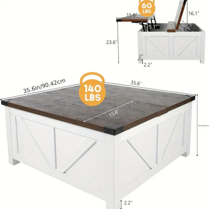 Farmhouse Lift Top Coffee Table with Storage, Wood Square Center Table with Charging Station&USB Ports,Living Room Central Table