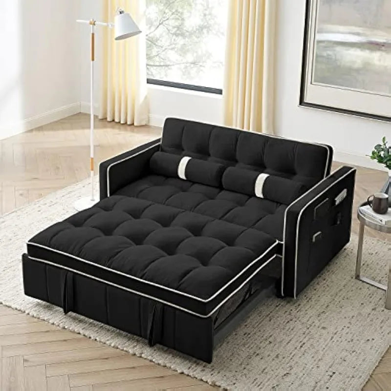 3 in 1 Sleeper Sofa Couch Bed Small Tufted Velvet Convertible Loveseat Futon Sofa w/Pullout Bed Adjustable Backrest Cylinder