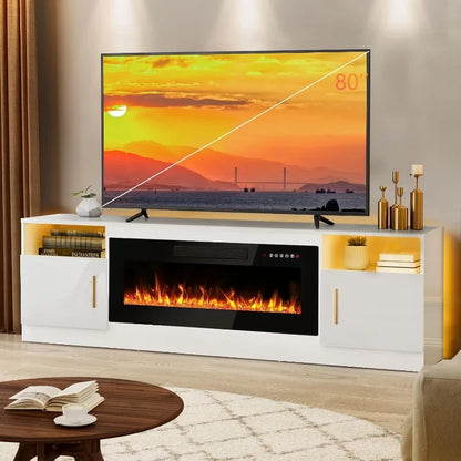 Fireplace tv Stand with 36 inch Fireplace Up to 80" TVs,LED Light Entertainment Center and Storage, 70" Modern Wood Media TV