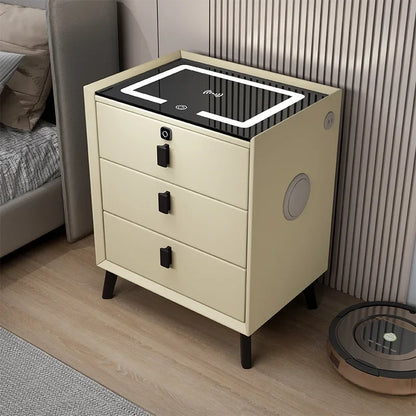 3 Drawers Smart Bedside Table with Wireless Charging Solid Wood Bedroom End with Fingerprints Lock Hotel Nightstands