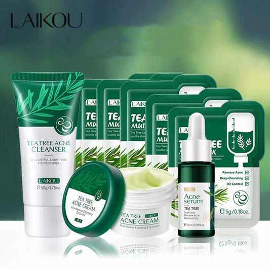 LAIKOU Tea Tree Anti-Acne Skin Care Set Acne Treatment Oil-Control Moisturizing Cleanser&Cream&Serum&Mud Mask Whiten Skin Care