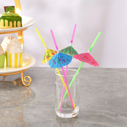 100 Pcs Disposable Straws Rainbow Umbrella Fruit Straws Table Decor Tropical Drinks for Cocktail Soft Drinks Hawaiian Party