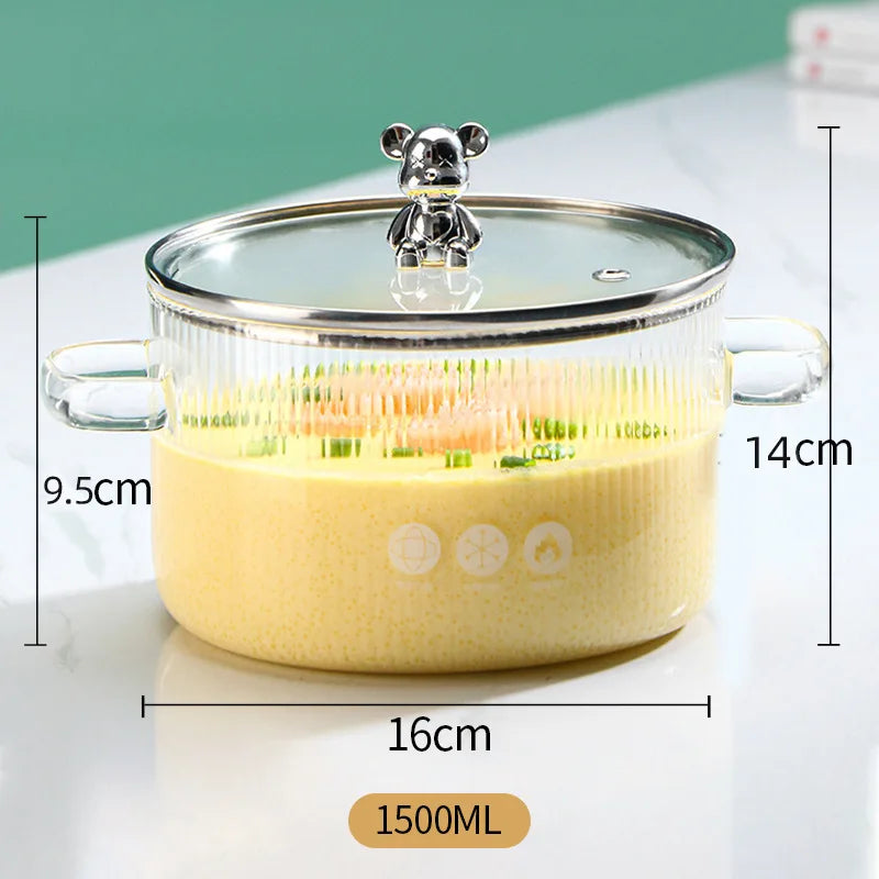 1Pcs Household Glass Saucepan for Cooking Double Ear Glass Soup Pot Noodle Bowl Cookwares with Tops Small Bear Cooking Pots Set