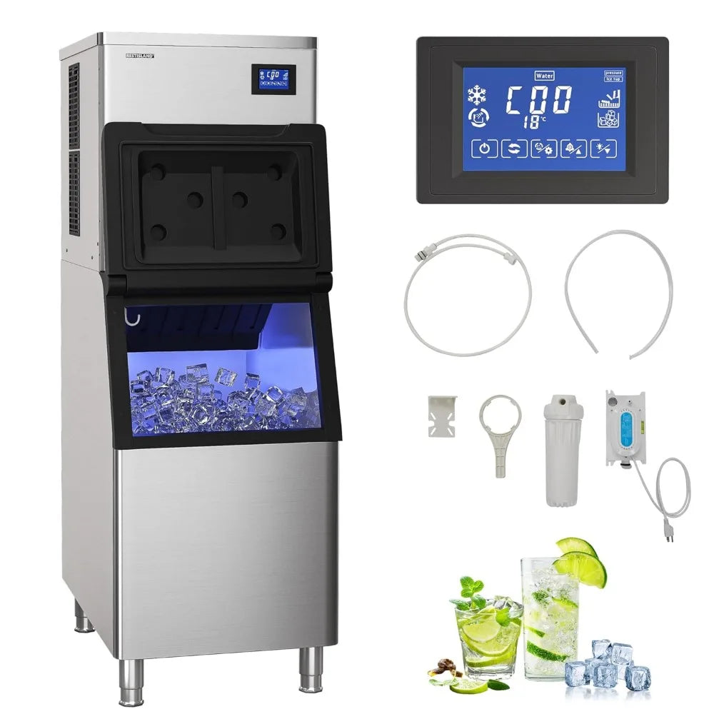 Commercial Ice Maker Machine,Stainless Steel,Automatic Cleaning,Blue Ray,Perfect for Bar or Business,includes Ice Shovel, Hose