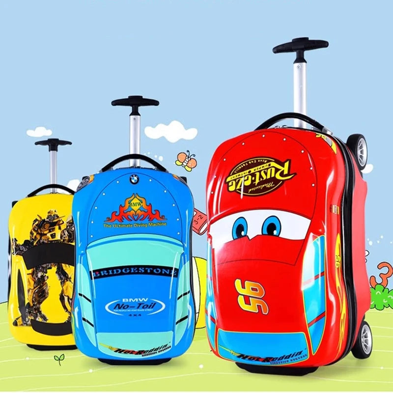 Cartoon Kids Suitcase Boys Can Ride 18" Trolley Box Car Elementary School Backpack with wheels 13" Travel Luggage Boarding Box