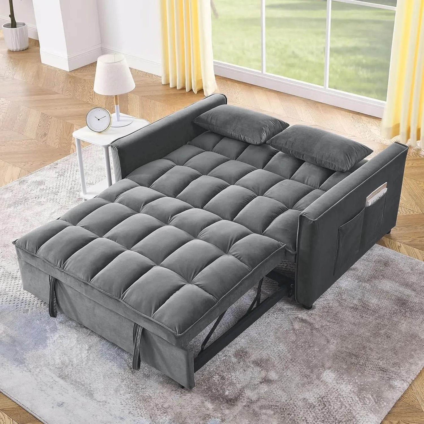 Convertible Sofa Bed, 3-in-1 Multi-Functional Velvet Sleeper Pull-Out Couch, 55'' Loveseat Bed Chaise Lounge with Adjustable - MarvelouStoree