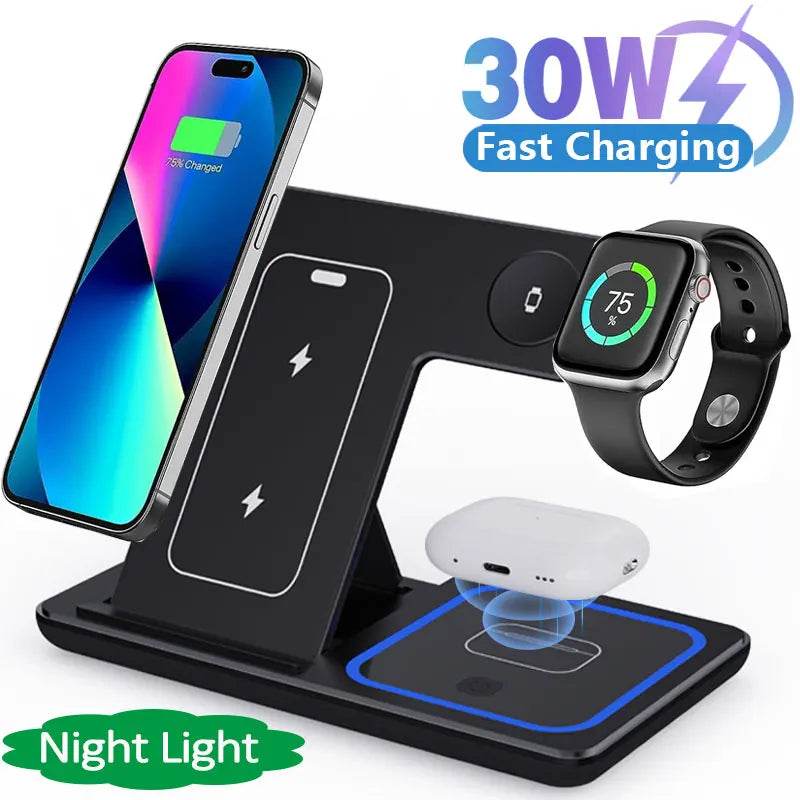 30W LED Fast Wireless Charger Stand 3 in 1 Foldable Charging Station For iPhone 15 14 13 12 11 Apple Watch 9 8 7 6 5 Airpods Pro - MarvelouStoree