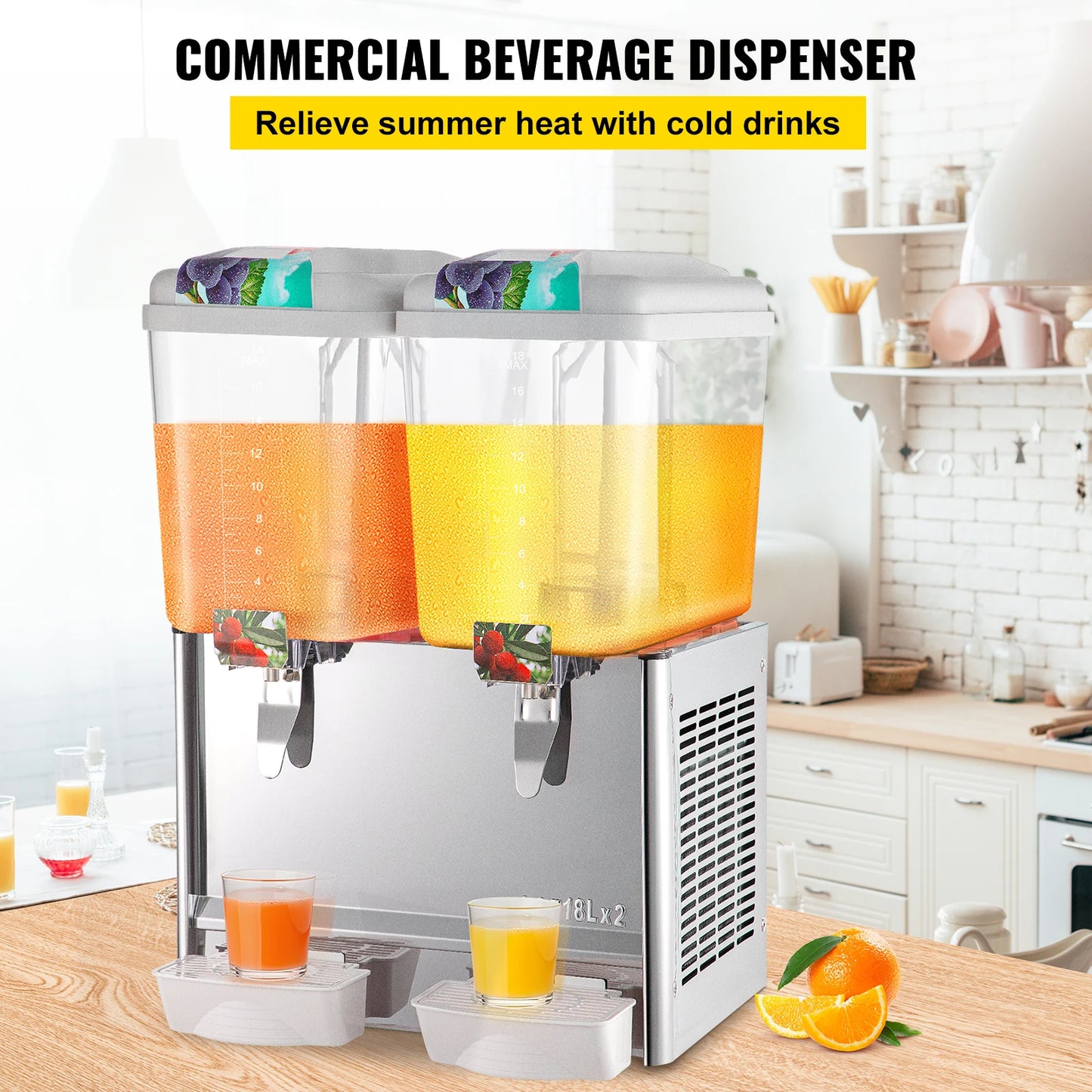 VEVOR Commercial Beverage Dispenser 18L 1/2/3 Tank Cold Beverage Dispenser Stainless Steel Juice Dispenser Thermostat Controller