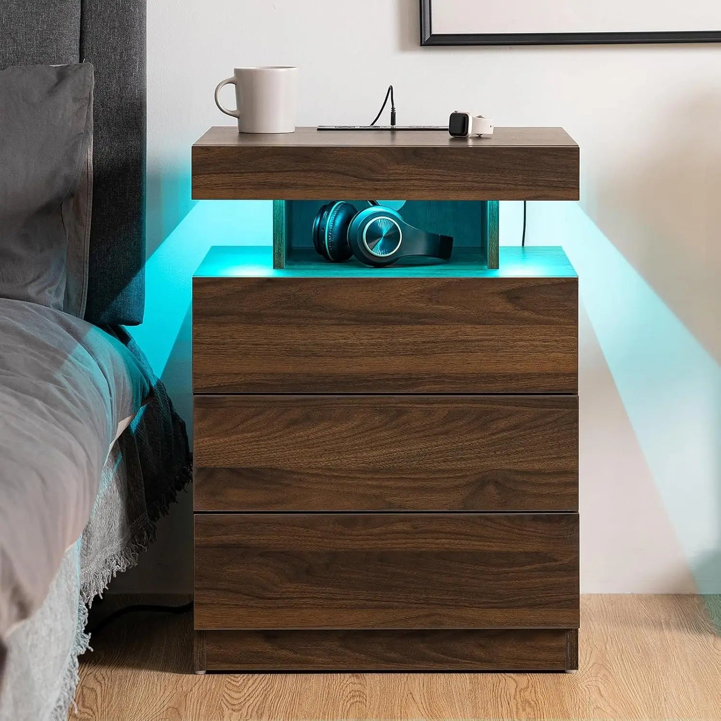 HOMMPA Set of 2 LED Nightstands with Wireless Charging Station Dark Walnut Bedside Table with Led Light Smart Nightstand USB Por