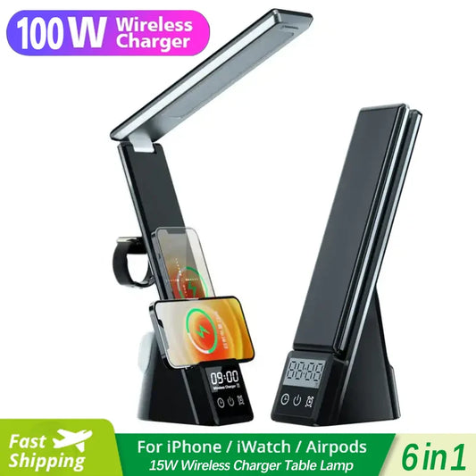 100W Alarm Clock Fast Wireless Charger Dimmable Desk Night Lamp Charging Station for IPhone 15 14 13 12 11 Pro Max Samsung S24U